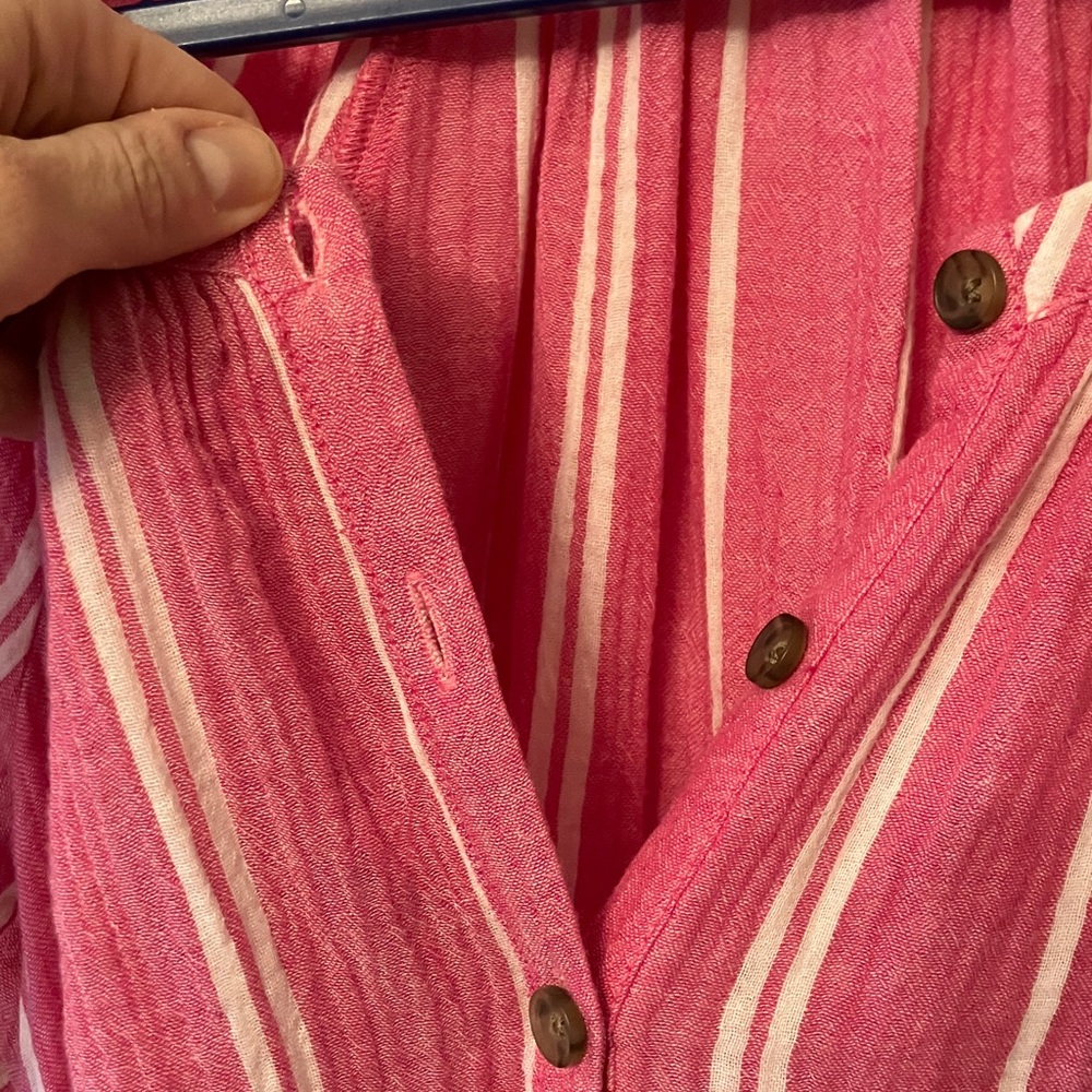 Pink white stripe cotton gauze midi maxi dress XS pockets removable belt - Picture 4 of 11